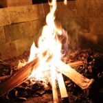 木頭杉の薪でキャンプファイヤー
